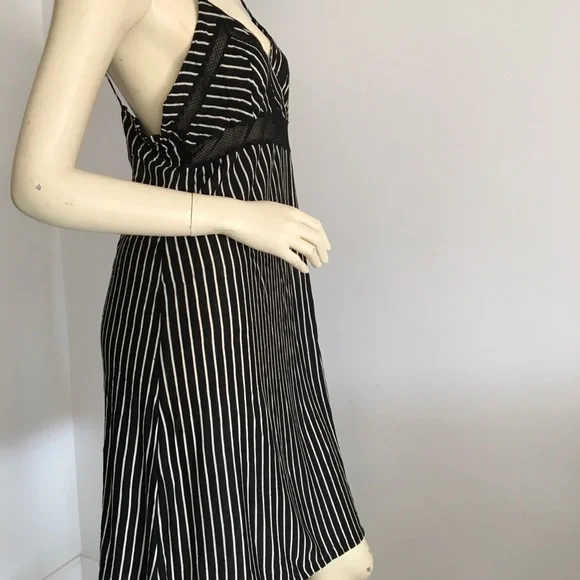 Natori black stripe slip dress with mesh detail